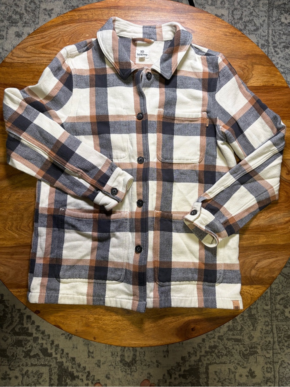 Tentree Women’s Plaid Shirt Jacket in Cream, Brown & Gray